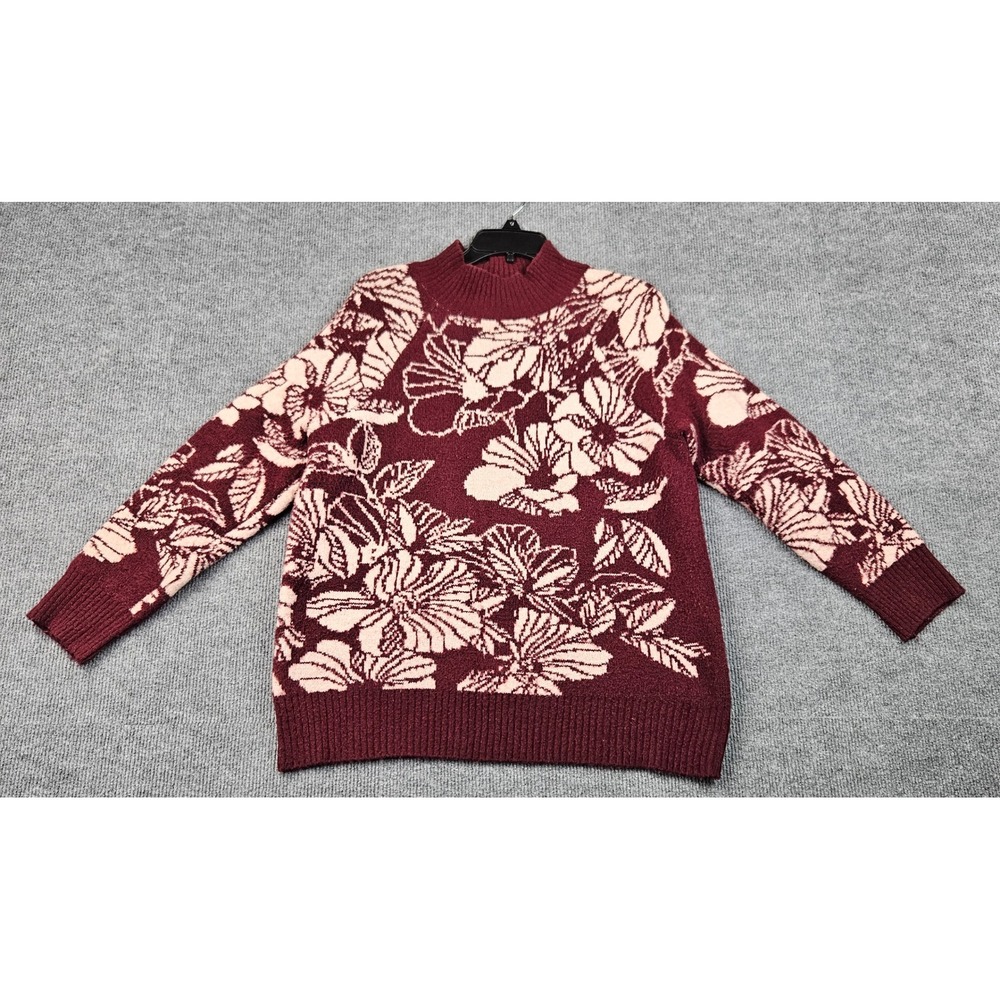 Liz Claiborne Womens Burgundy Floral Mock Neck Pullover Sweater Large